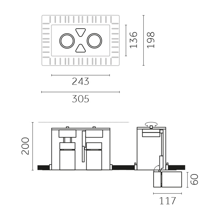 Yori Recessed Square Double, Yori Recessed Square Double Ø60mm Precision Trimless