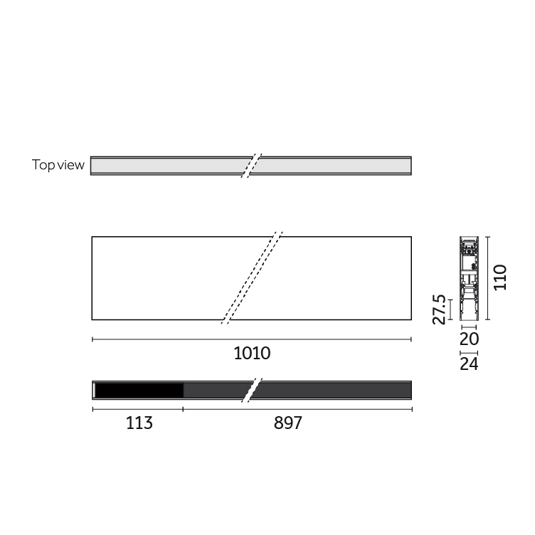 Traceline - Deep Pendant Direct/Indirect - Track 48V , Dark Frosted - 1000mm- Continuous Line