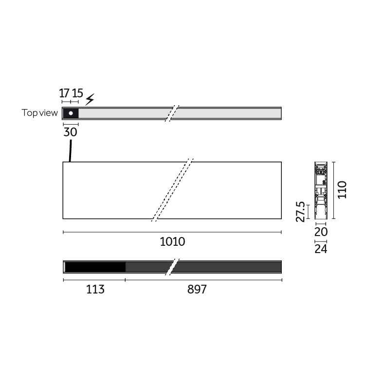 Traceline - Deep Pendant Direct/Indirect - Track 48V , Dark Frosted - 1000mm- Continuous Line (Power Module)